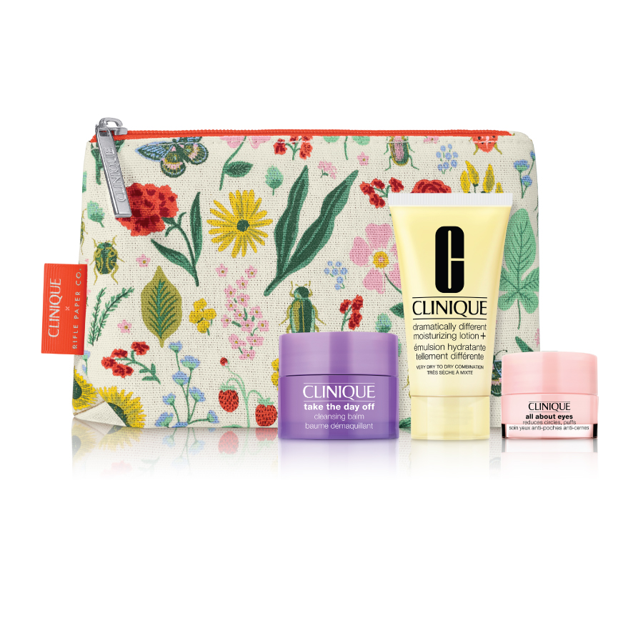 Oferta bolsa Clinique com 3 minis na compra de 2 produtos da marca sendo um deles skincare